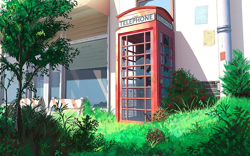 anime telephone booth, abandoned, grass, plants, Anime, HD wallpaper
