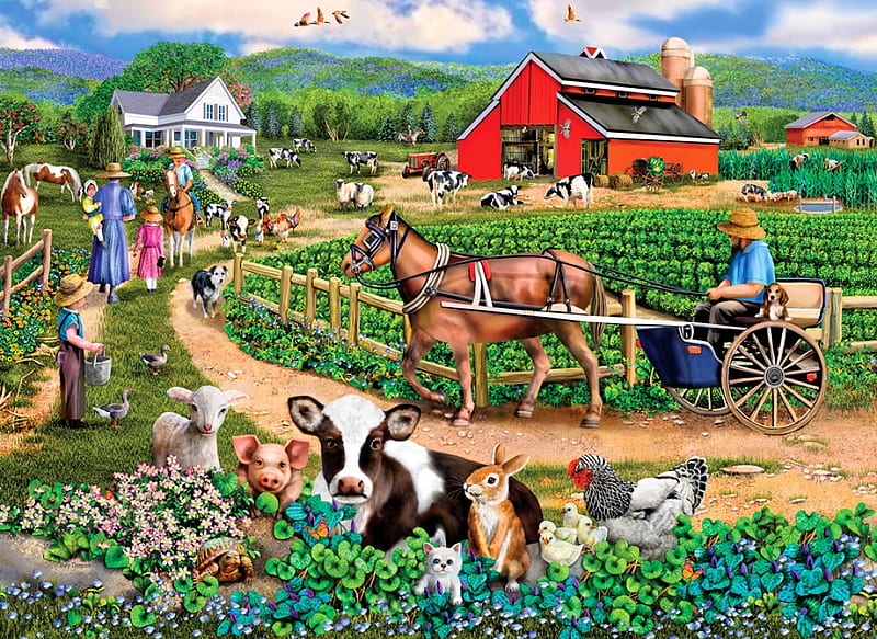 Country Living, cows, barn, people, painting, cart, horse, artwork, HD wallpaper