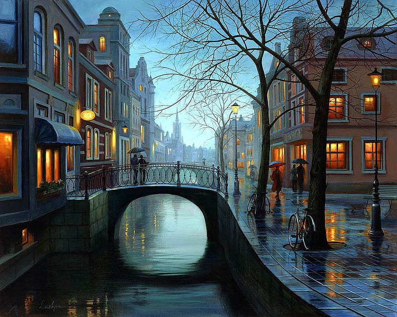 Eug. Lushpin. Rainy Evening (oil on canvas), art, bridge, painting, river, eug lushpin, night, HD wallpaper