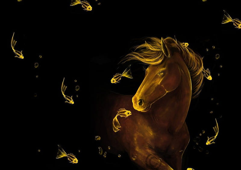 Horse and Fishes, Fish, art, brown, yellow, Horses, animal, Fishes, Horse, animals, HD wallpaper