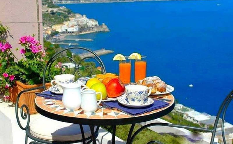 good morning, sun, coffee, fresh, orange juice, breakfast, morning, terrace, sea, HD wallpaper