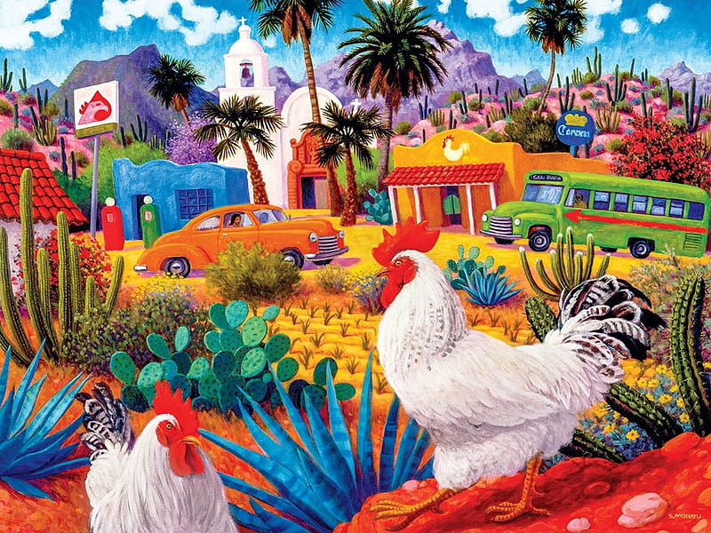 Gallos Blancos, carros, desert, houses, mountains, painting, poultry, cactus, artwork, HD wallpaper