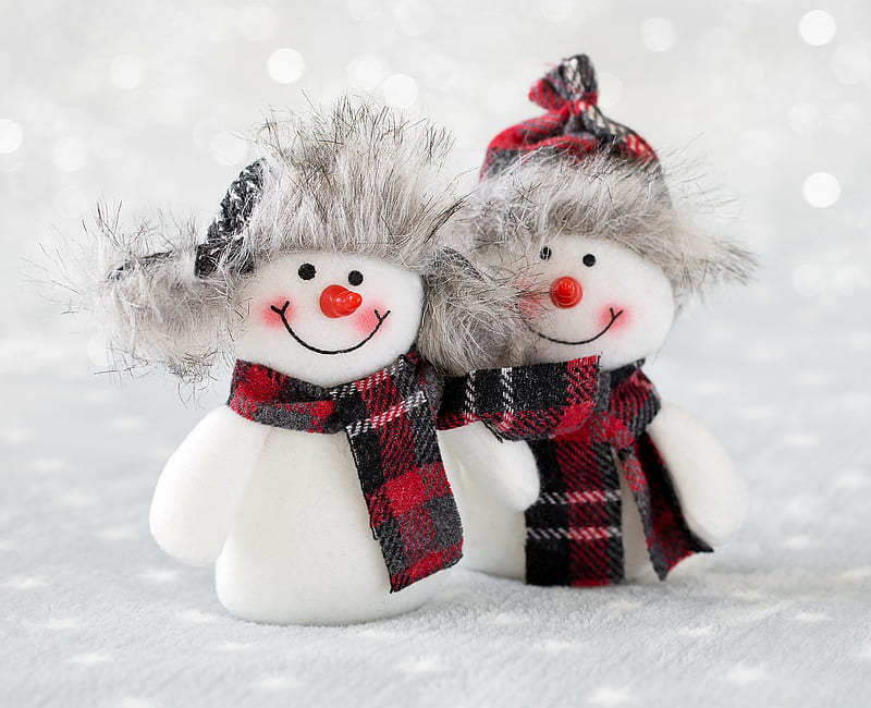 Snowmen, red, craciun, christmas, snowman, winter, hat, card, scarf, white, couple, HD wallpaper