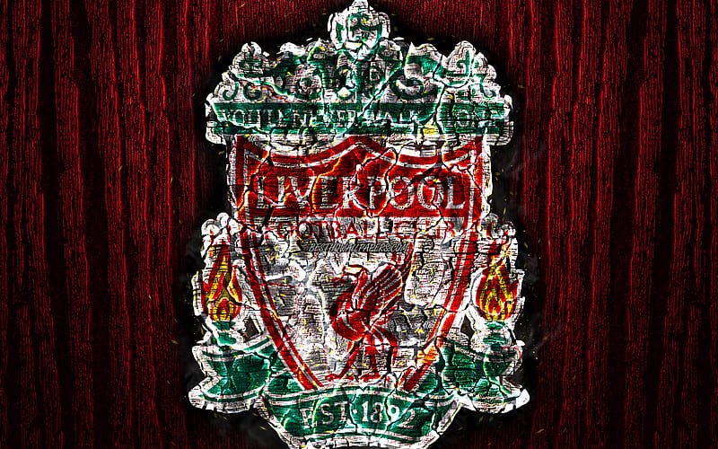 Liverpool FC, scorched logo, Premier League, red wooden background, english football club, grunge, The Reds, football, soccer, Liverpool logo, fire texture, England, HD wallpaper