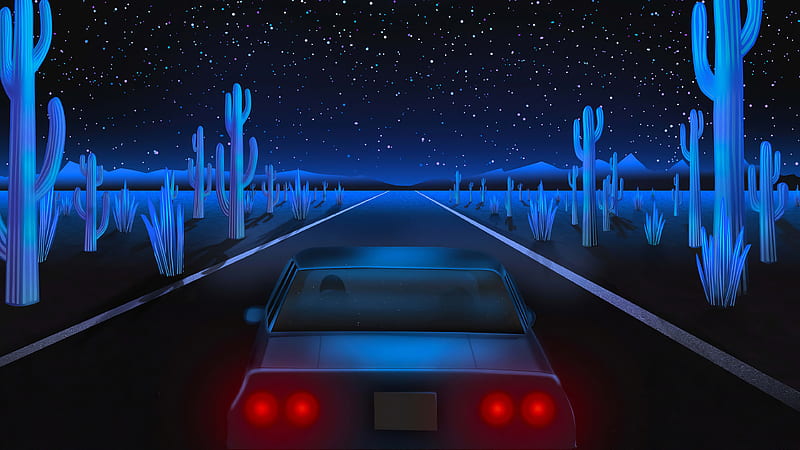 Car On Road Between Cactus Under Starry Sky Vaporwave, HD wallpaper