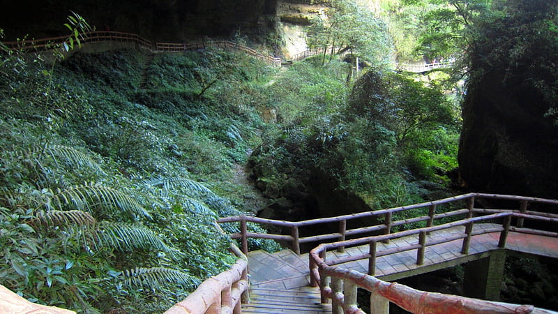 Mountain trail, green plants, Trail, the waterfall, hiking, rock, cavern, wooden railings, mountain walls, HD wallpaper
