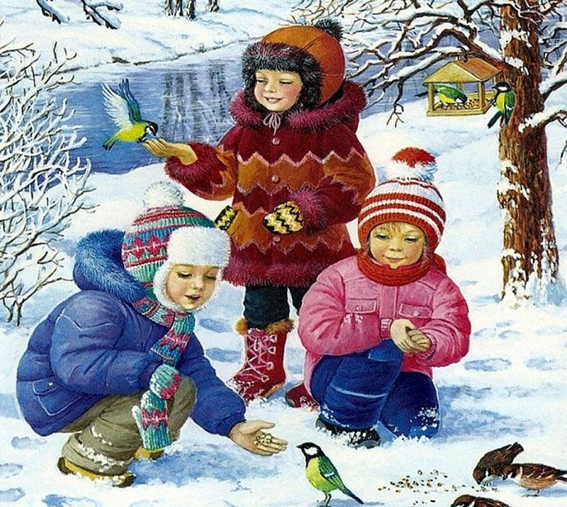 Bird Feeders, snow, painting, children, birds, trees, artwork, winter, HD wallpaper