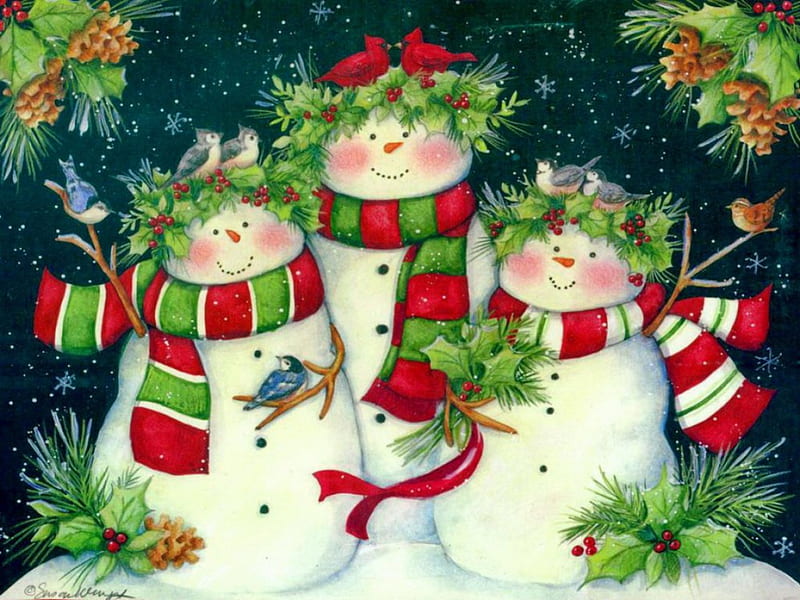 Snowmen family, family, snowmen, christmas, holiday, bonito, new year, fun, joy, winter, cute, snow, HD wallpaper