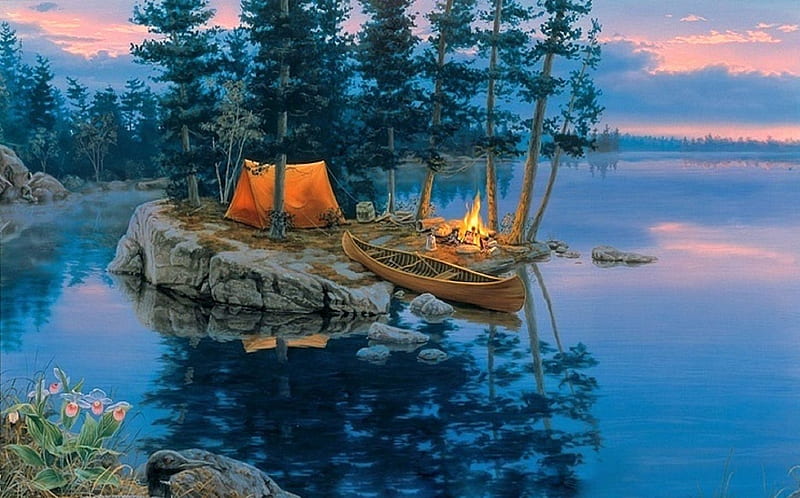 ★Breath of Seasonal★, stunning, camping, panoramic view, canoe, attractions in dreams, bonito, paintings, landscapes, scenery, lakes, colors, love four seasons, creative pre-made, spring, trees, fire, nature, HD wallpaper