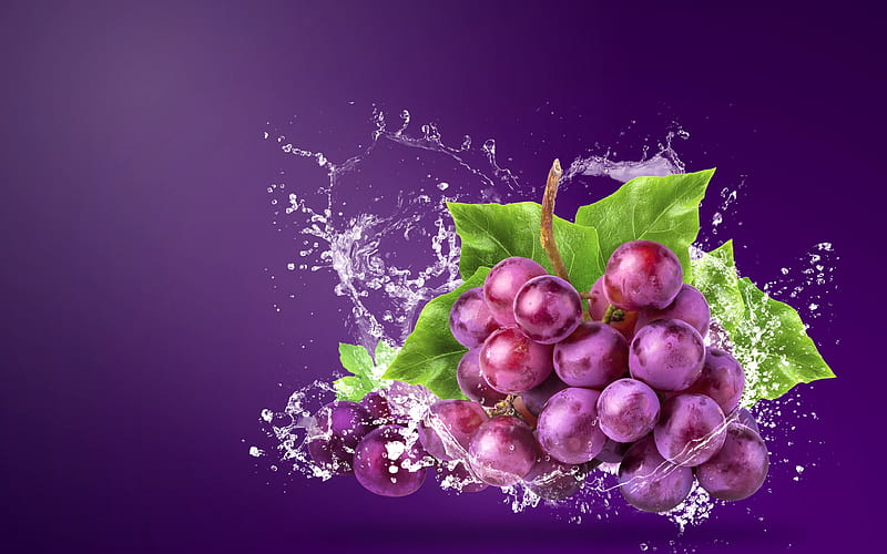 Grapes, green, purple, fruit, splash, struguri, water, HD wallpaper