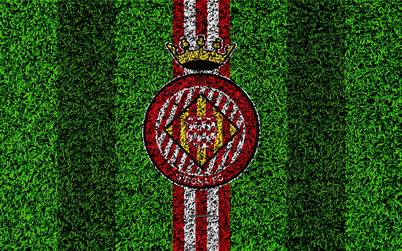 Girona FC logo, football lawn, Spanish football club, red white lines, grass texture, emblem, La Liga, Girona, Spain, football, HD wallpaper