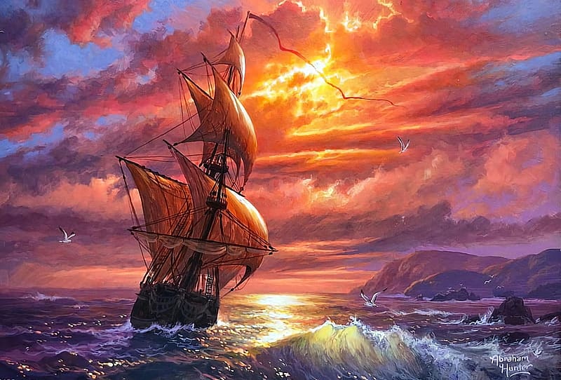 Voyage Light by Abraham Hunter, sailing, water, sunset, ship, ocean, sky, sun, clouds, artwork, painting, HD wallpaper
