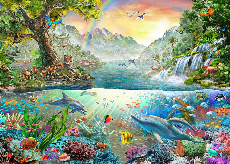 Tigers and dolphins, family, luminos, fish, tiger, animal, sea, cute, dolphin, fantasy, water, vara, adrian chesterman, summer, cub, HD wallpaper