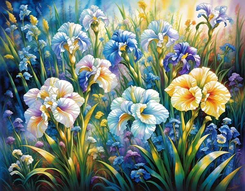 Blue & Yellow Irises, kek, viragok, iriszek, sarga, HD wallpaper