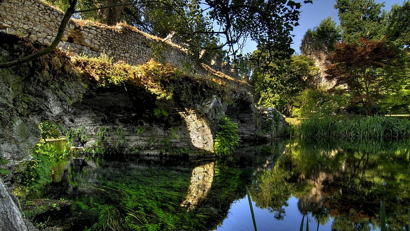 old stone bridge, arch, stone, bridge, grass, river, trees, HD wallpaper