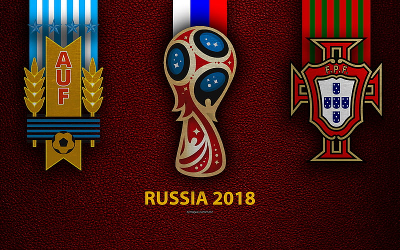 Uruguay vs Portugal, Round 16 leather texture, logo, 2018 FIFA World Cup, Russia 2018, 30 June, football match, creative art, national football teams, HD wallpaper