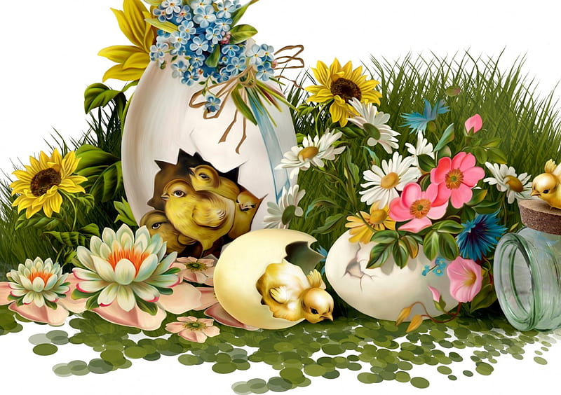 Happy Easter!, chicken, yellow, easter, spring, card, cute, egg, green, flower, chicks, white, pink, blue, HD wallpaper