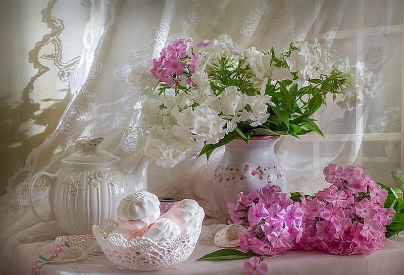 Pink flowers, table, vase, bonito, soft, freshness, still life, flowers, arrangement, beauty, nature, white, pink, HD wallpaper