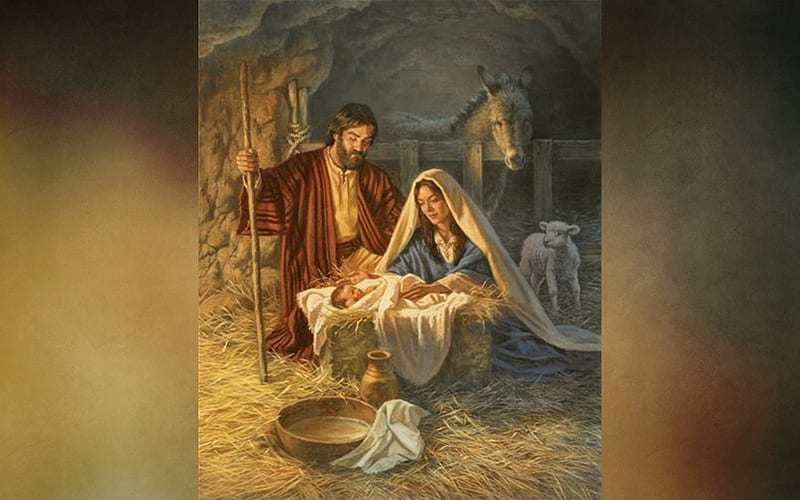 Nativity, Joseph, Baby Jesus, Holy Family, animals, Birth, manger, Mary, HD wallpaper