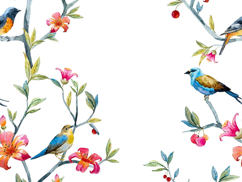 Birds, pattern, pasare, branch, bird, texture, flower, paper, white, pink,  blue, HD wallpaper | Peakpx
