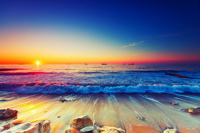 Sea sunrise, shore, ocean, colors, bonito, sunset, waves, sky, sea, beach, water, summer, sunrise, reflection, sands, HD wallpaper