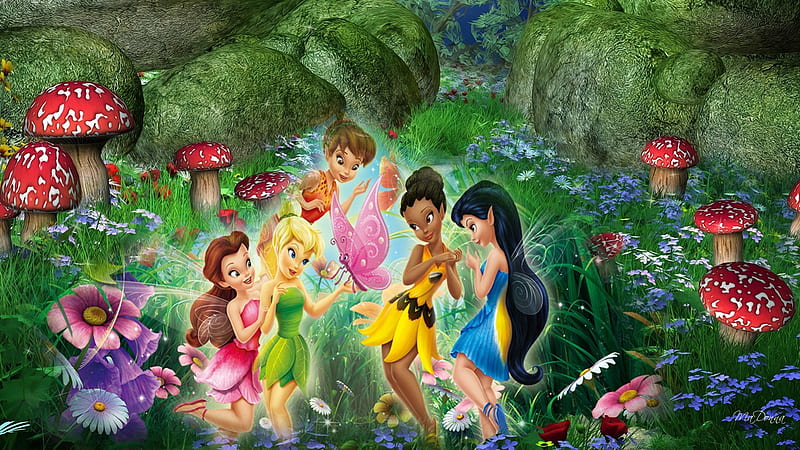 Disney Fairy Princesses, toadstools, rocks, Disney, movie, grass, film, Fawn, Rosetta, fantasy, Silvermist, flowers, Iridessa, fairy, DVD, garden, movies, mushrooms, princess, Tinkerbell, imagination, HD wallpaper