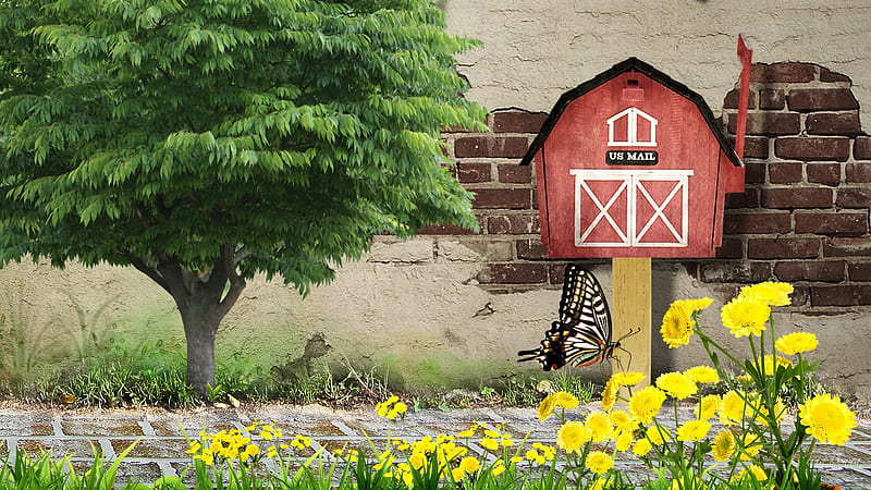 Mail Call, buidling, grass, dandelions, country, barn, tree, city, brick, sidewalk, mailbox, HD wallpaper