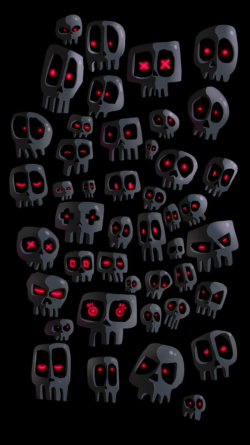 The Skull Family, amoled, art, black, dark, glow, illustration, oled, red eyes, skulls, HD phone wallpaper