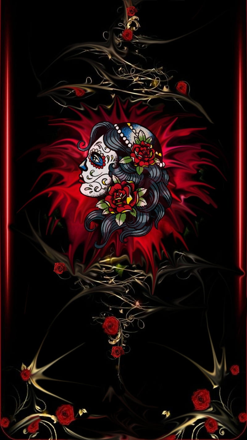 Fiery Lady, black, day, dead, flowers, lady, pirate, red, roses, skull, sugar, HD phone wallpaper