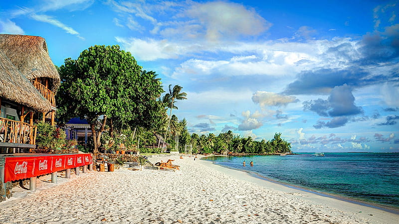 Matira beach, Bora Bora, sea, indonesia, tree, restaurant, people, clouds, sky, HD wallpaper