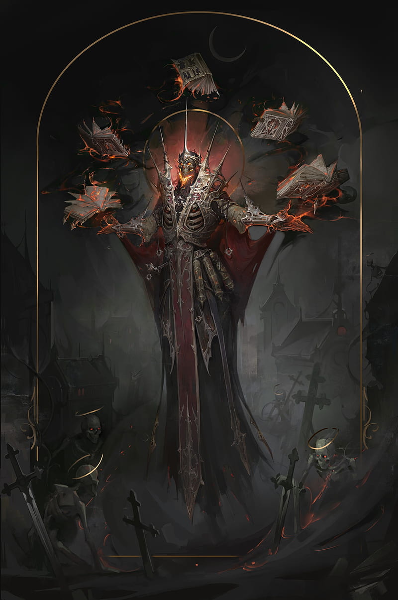 necromancer, spell books, skeleton, crescent, swords, Fantasy, HD phone wallpaper