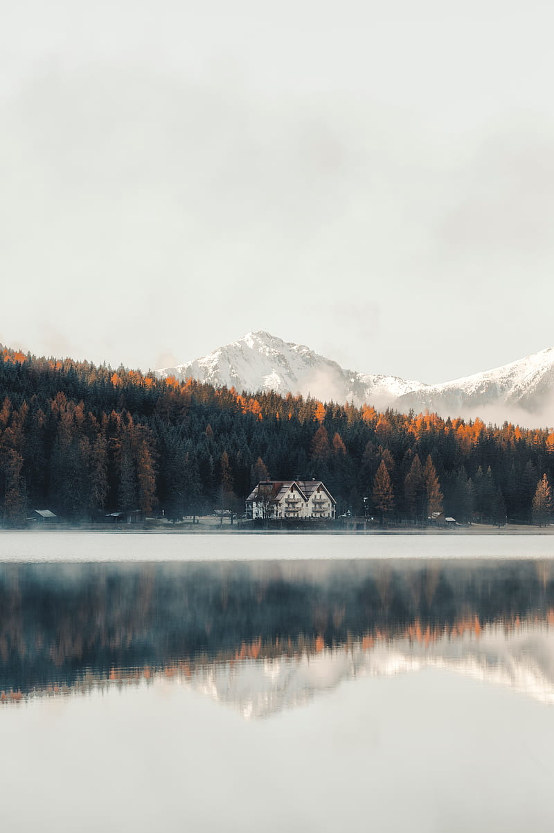 lake, coast, house, forest, mountains, nature, HD phone wallpaper