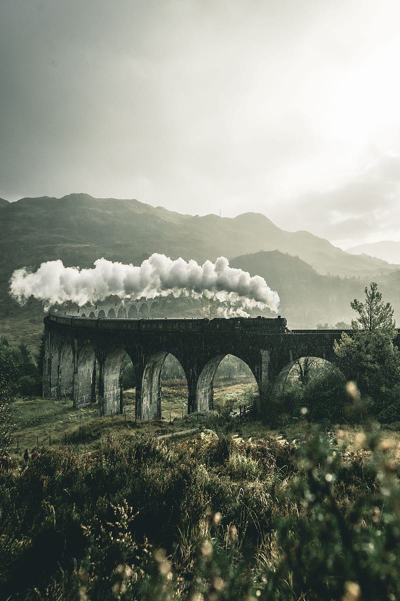 black train on railway bridge under heavy clouds, HD phone wallpaper