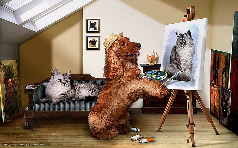 Dog Painter and Cat, artist, digital art, cat, animals, dog, HD wallpaper
