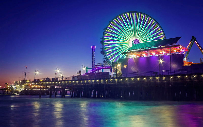 Santa Monica, beach, evening, Ferris wheel, pier, Pacific Ocean, coast, California, USA, HD wallpaper