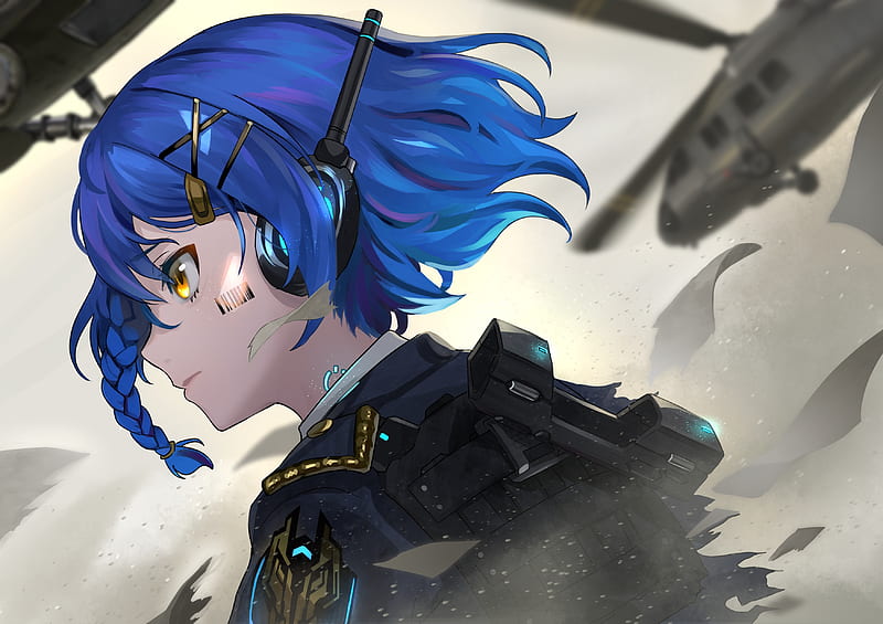 blue hair, anime tech girl, profile view, braid, uniform, guerra, helicopter, aircraft, Anime, HD wallpaper
