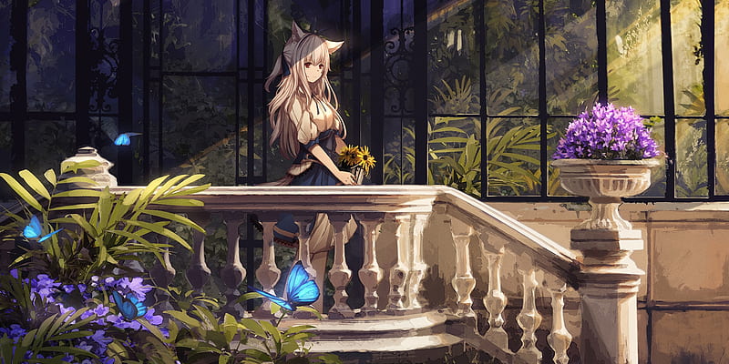 anime girl, stairs, animal ears, white hair, dress, yellow flowers, Anime, HD wallpaper