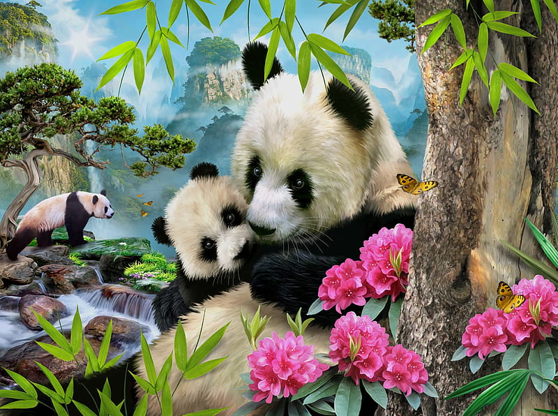 Panda bears, art, luminos, bear, black, animal, cute, panda, fantasy, green, cub, flower, howard robinson, white, pink, HD wallpaper