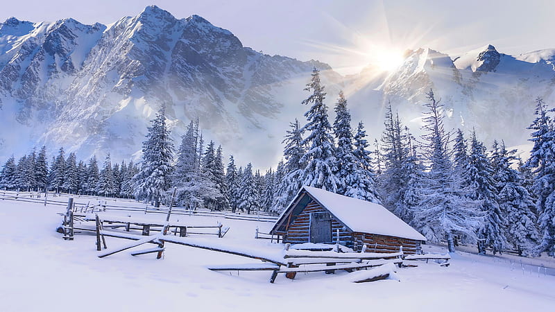 Winter landscape, hills, rocks, hut, house, sun, bonito, cabin, trees, winter, cliffs, rays, snow, slope, landscape, frost, HD wallpaper