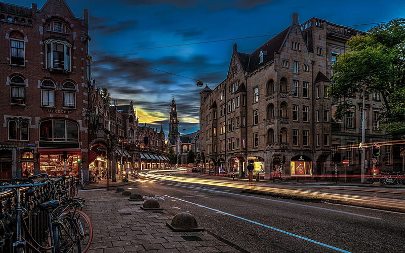 Amsterdam, Netherlands, night, street, bicycles, HD wallpaper