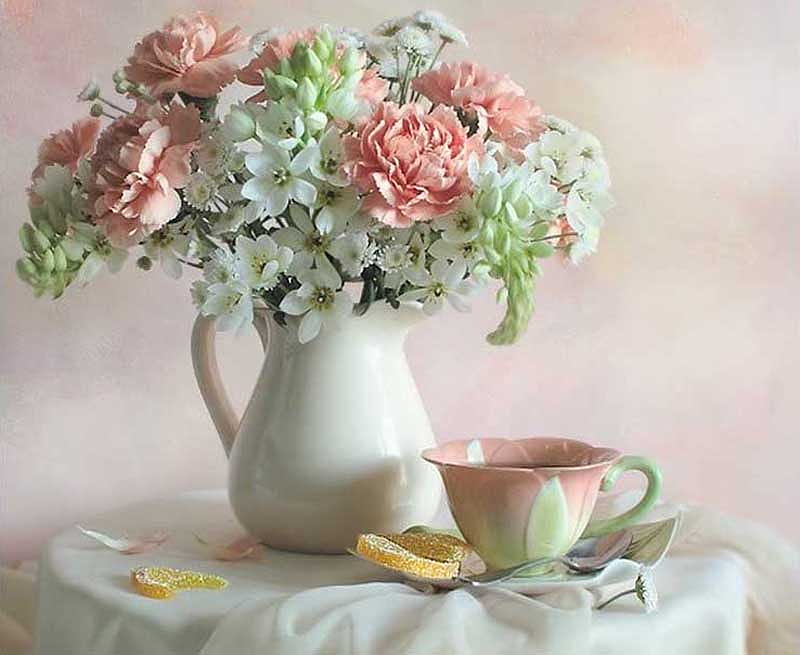 ................ Lovely Vase ................., orange, saucer, rose, bottle, vase, towel, carnation, green, flowers, pink, table, tablecloth, wall, lemon, cup, slice, pastel, white, HD wallpaper