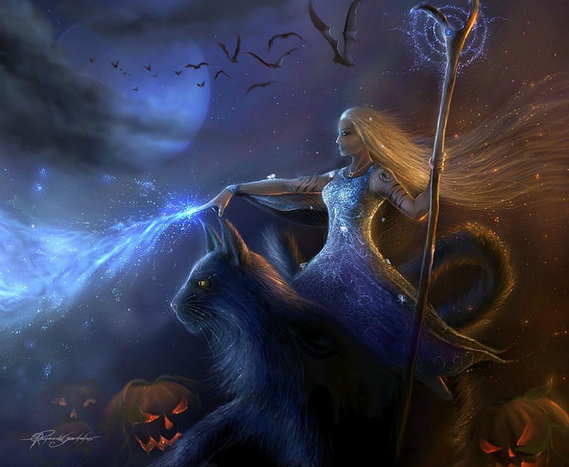 The White Witch, witch, orange, halloween, ginger, sorceress, magic, woman, animal, fantasy, moon, bat, pumpkin, scary, light, blue, night, blonde hair, cat, girl, white, creature, HD wallpaper