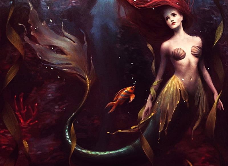 Mermaid - Under The Sea, fantasy woman, the little mermaid, orange, brown, sebastian, yellow, mermaid, red hair, fish, HD wallpaper