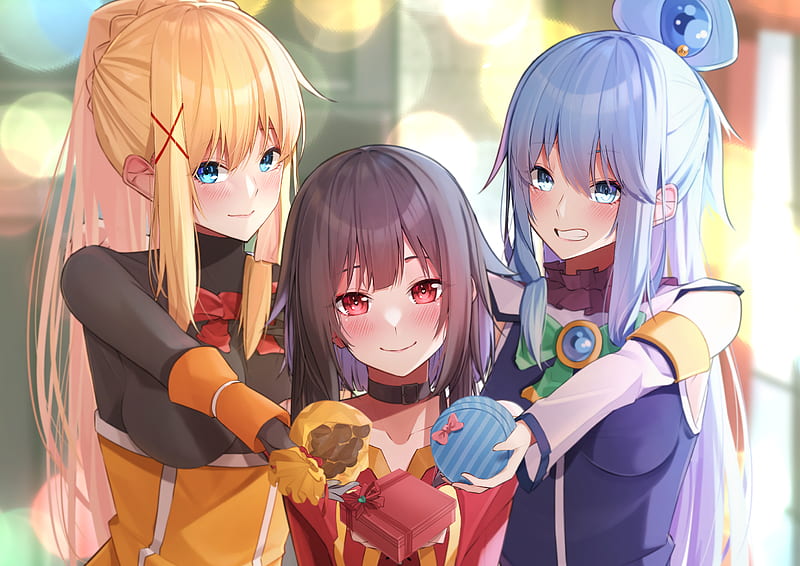 blonde, blue hair, Kono Subarashii Sekai ni Shukufuku wo!, Aqua (KonoSuba),  Megumin (KonoSuba), Darkness (KonoSuba), anime girls, anime, against screen