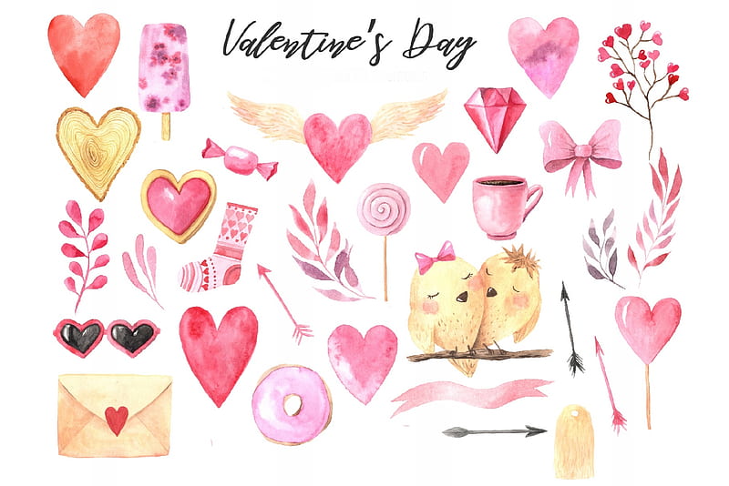 Happy Valentine's Day!, bird, texture, heart, paper, pink, letter, watercolor, pattern, valentine, card, HD wallpaper