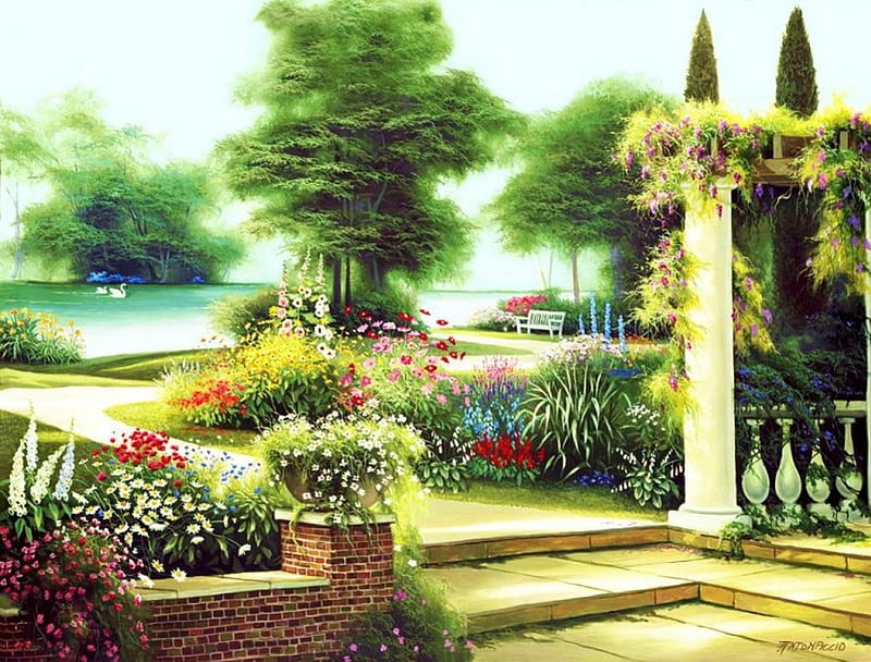 Romantic Garden, trees, entry, wall, lake, artwork, swans, painting, flowers, steps, HD wallpaper