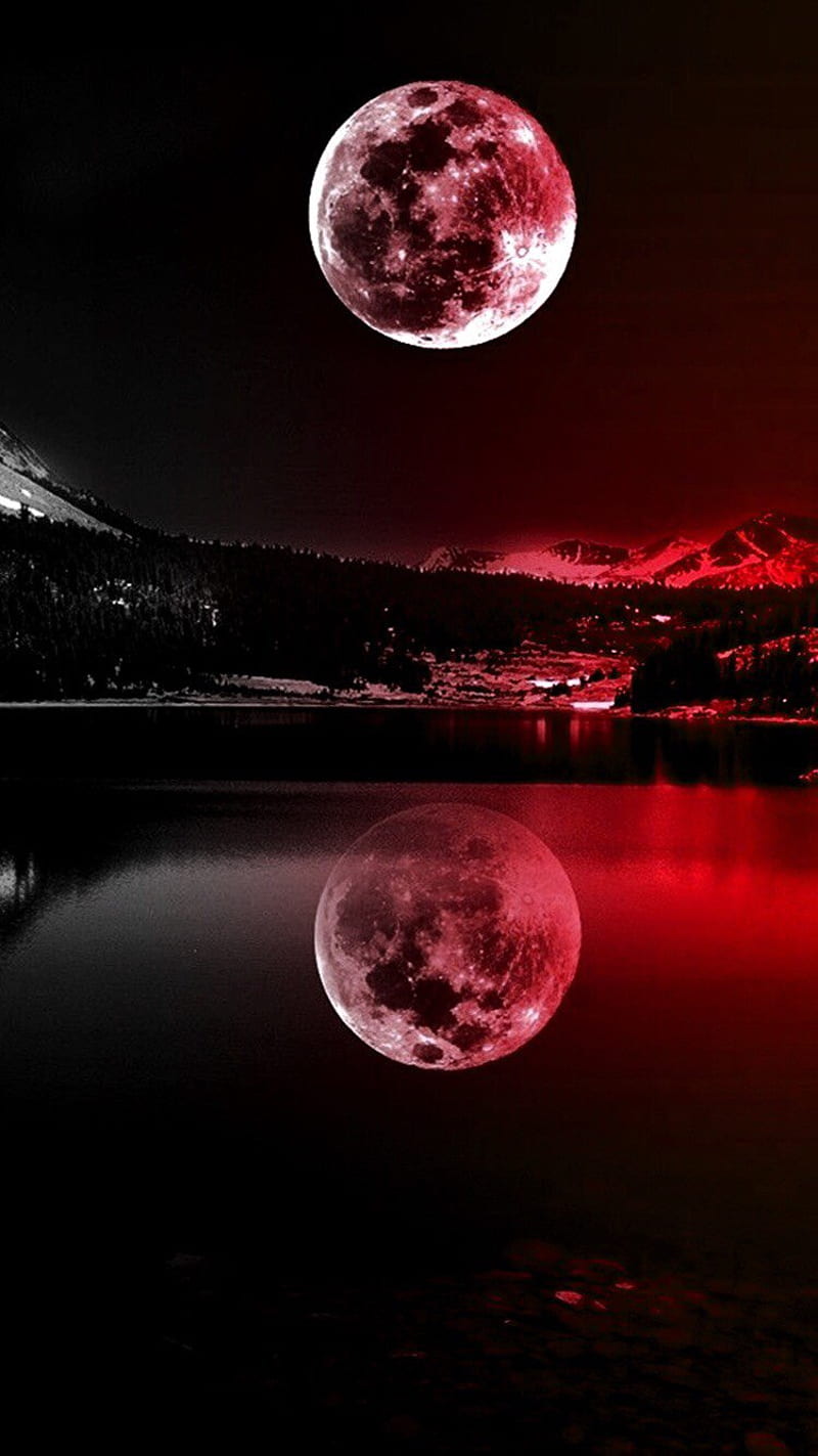 Red moon, blue, moonlight, night, purple, sky, HD phone wallpaper