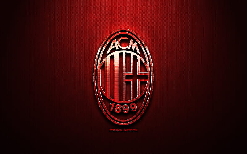 Milan FC, red metal background, Serie A, italian football club, fan art, Milan logo, football, soccer, AC Milan, Italy, HD wallpaper