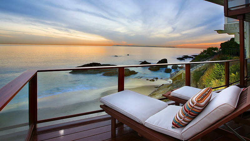 summer chairs on balcony, beach, balcony, chairs, sunset, sea, HD wallpaper