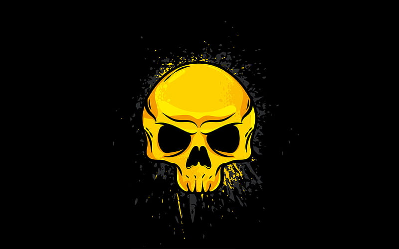 yellow skull minimalism, creative, abstract skull, black backgrounds, skull, HD wallpaper
